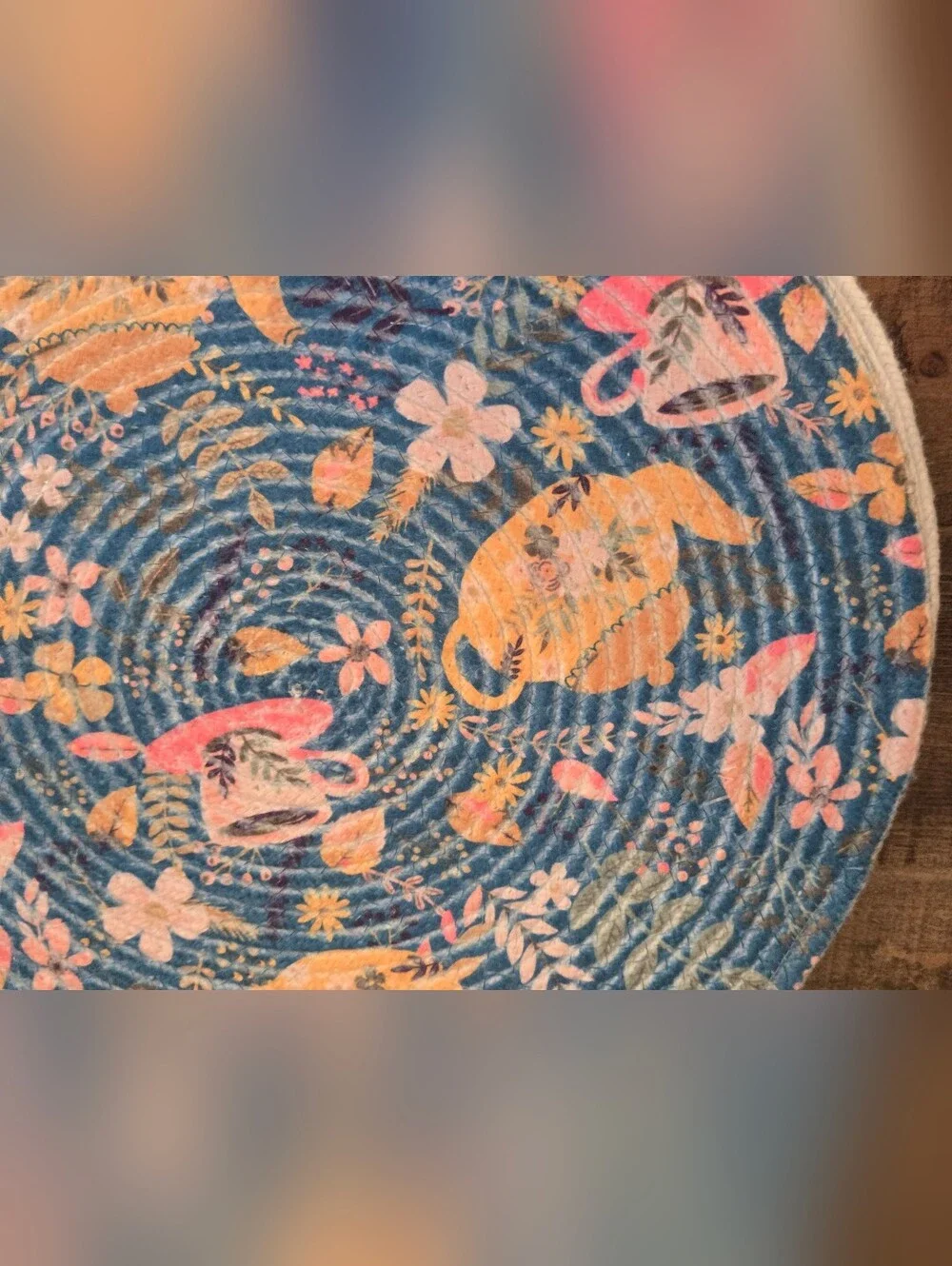 (Set of 4) Colorful Round Placemats Jute Made In India Teapot & Teacup Floral